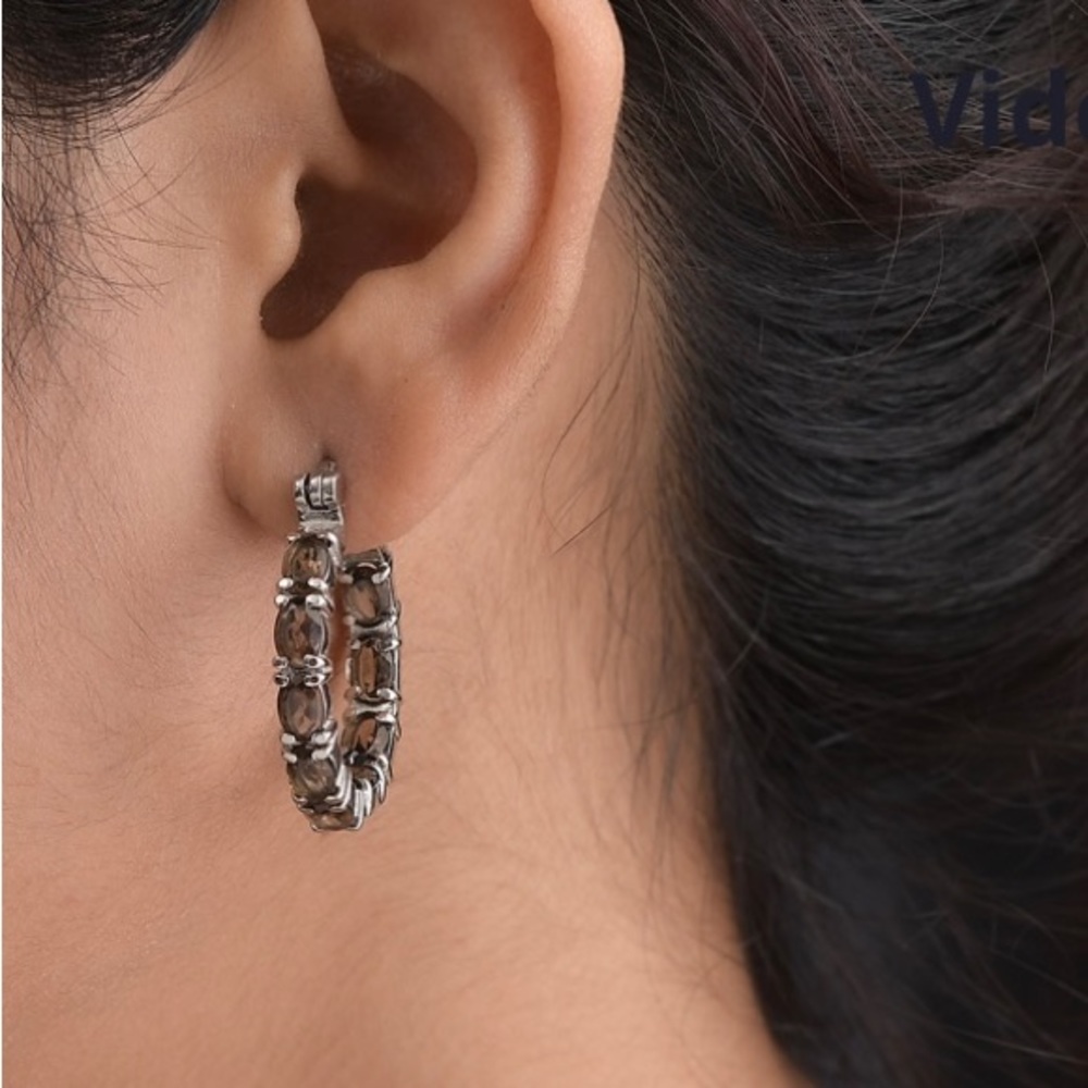 Brazilian Smoky Quartz Inside Out Hoop Earrings In Stainless Steel. 12 carets
